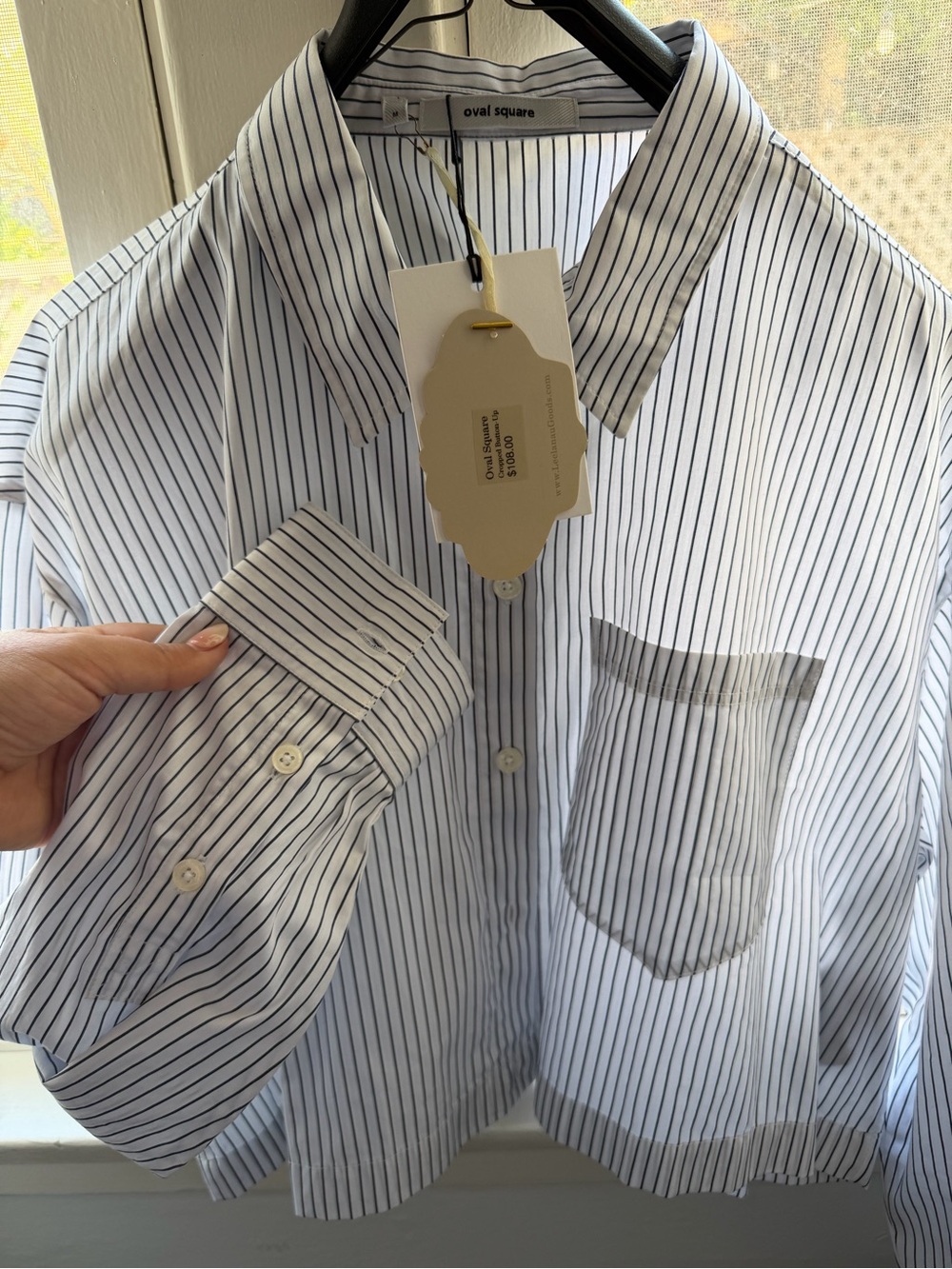 Oval Square Women’s White Button-Down Shirt with Navy Pinstripes